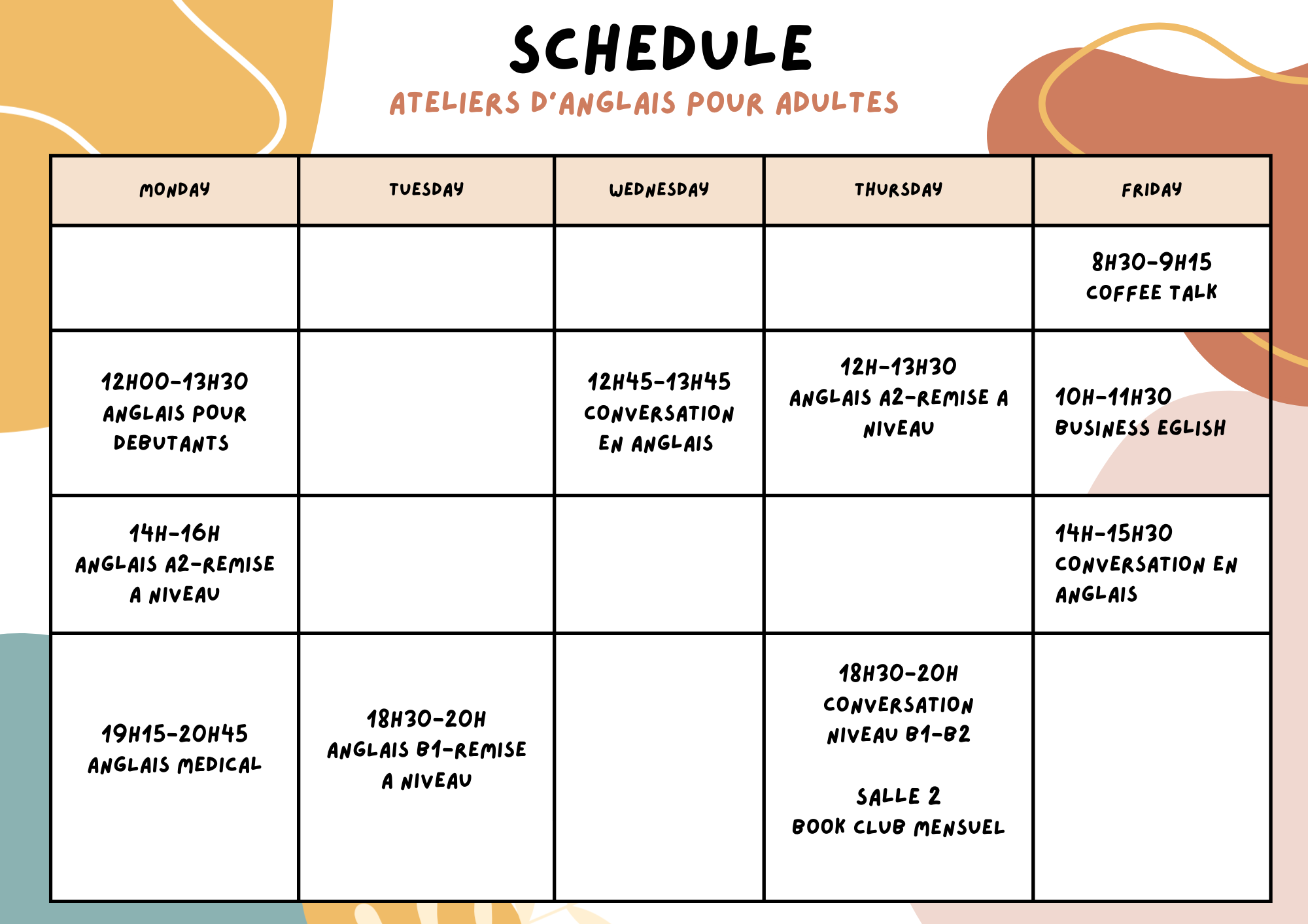 Planning anglais adulte