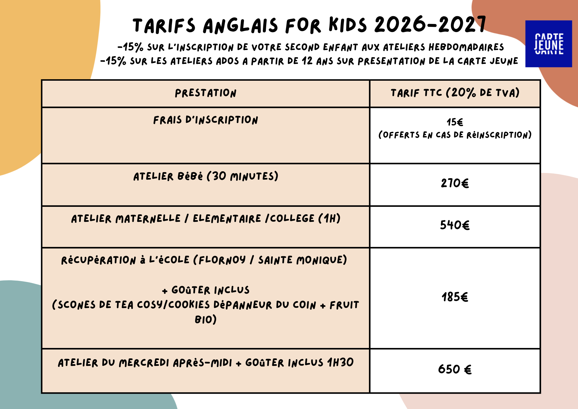 Tarifs kids teens